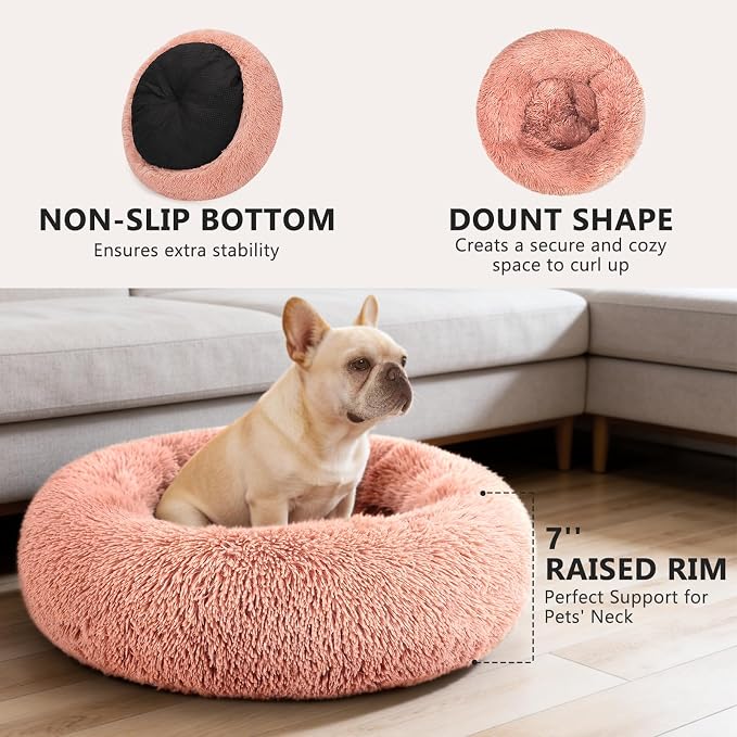 MIXJOY Orthopedic Dog Bed Comfortable Donut Cuddler Round Pet Beds Ultra Soft Washable Dog and Cat Cushion (20''/23''/30'') (23'', Pink)