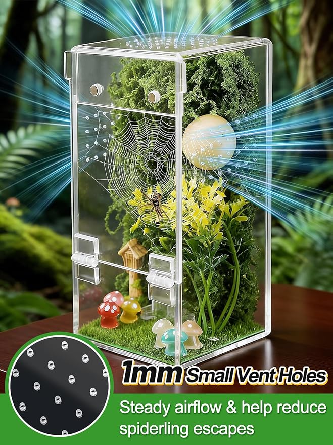 Escape Proof Jumping Spider Enclosure Kit - 3x3x6in Pre-Assembled Acrylic Terrarium with Magnetic Door/Micro Vent Holes/Accessories, Insects Habitat for Spiderlings, Mantis, Tarantulas, Snails