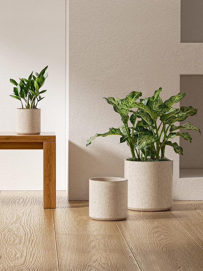 LE TAUCI 10+8+6 Inch Ceramic Pots for Plants, Indoor Planters with Drainage Hole and Plug, Modern Cylinder Flower Pots Set of 3 for Living Room and Bedroom, Glossy, Linen Birch