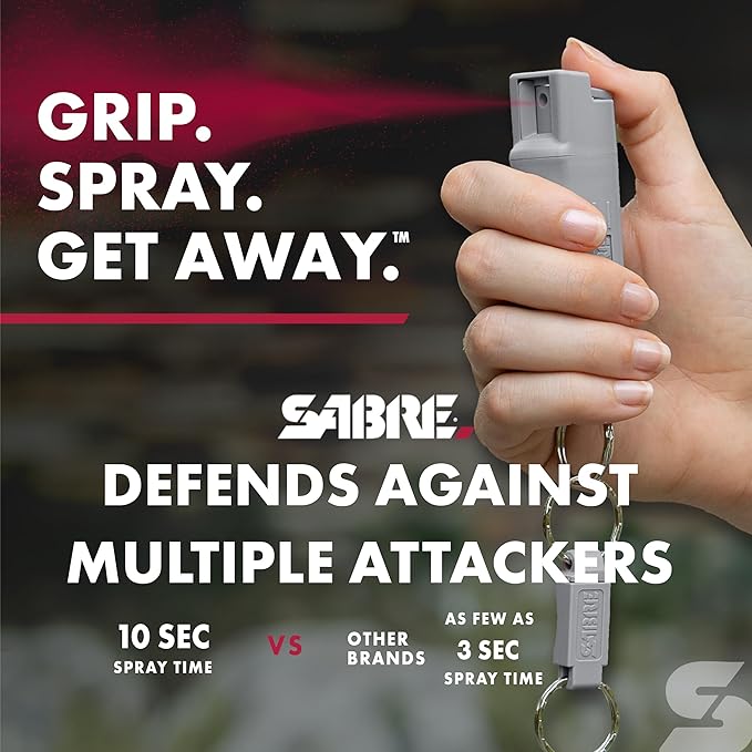 Sabre Pepper Spray - Quick Release Keychain for Easy Carry & Fast Access, Max Police Strength Self Defense OC Spray with UV Dye, 10 Sec. Spray Time, Finger Grip - Faster Aim, 0.54 fl oz,Secure Safety