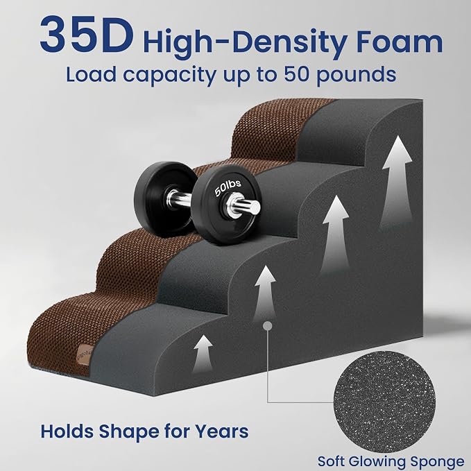 GoGoBunny Waterproof High Density Foam Curved Dog Stairs for High Beds Couches 19.7" H, 4-Step Ramp Dog Steps Friendly to Small Medium Dogs or Pets Joints, Non-Slip Balanced Durable Pet Step, Brown