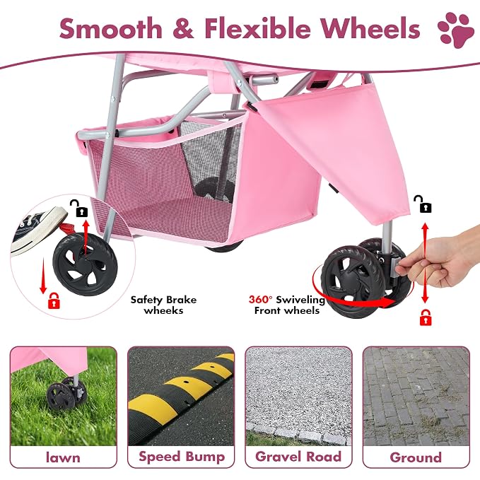 DUMOS 3 Wheels Pet Stroller for Small Dogs and Cats | Foldable Dog Stroller with Mesh Windows, Storage Basket & Cup Holder, Lightweight & Durable Pet Carrier for Travel, Pink