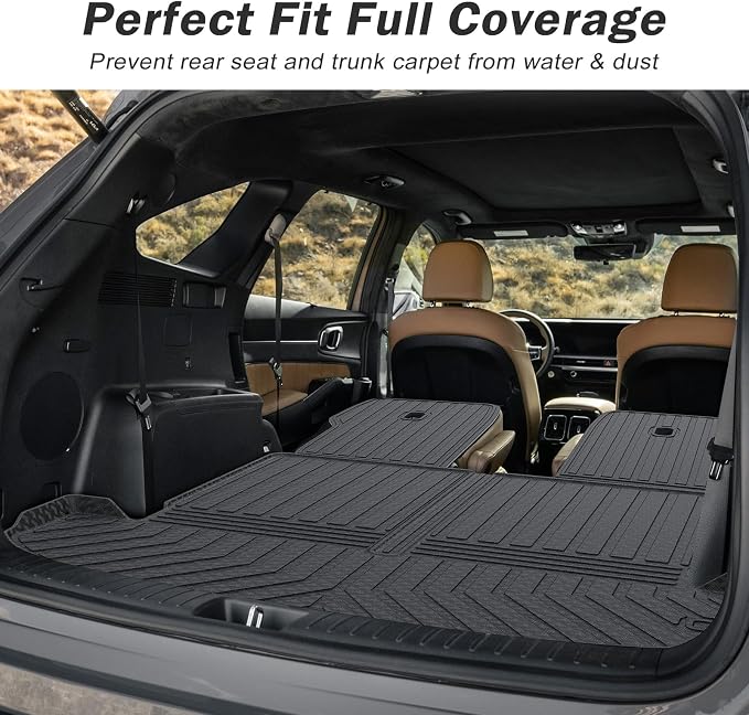 KUST Trunk Cargo Mat for Kia Sorento 2021-2025 2026 (6 Seats), TPE Rubber Rear Cargo Liner with 2nd Row Backrest Mat for Sorento Accessories All Weather Protection Cover 3PCS