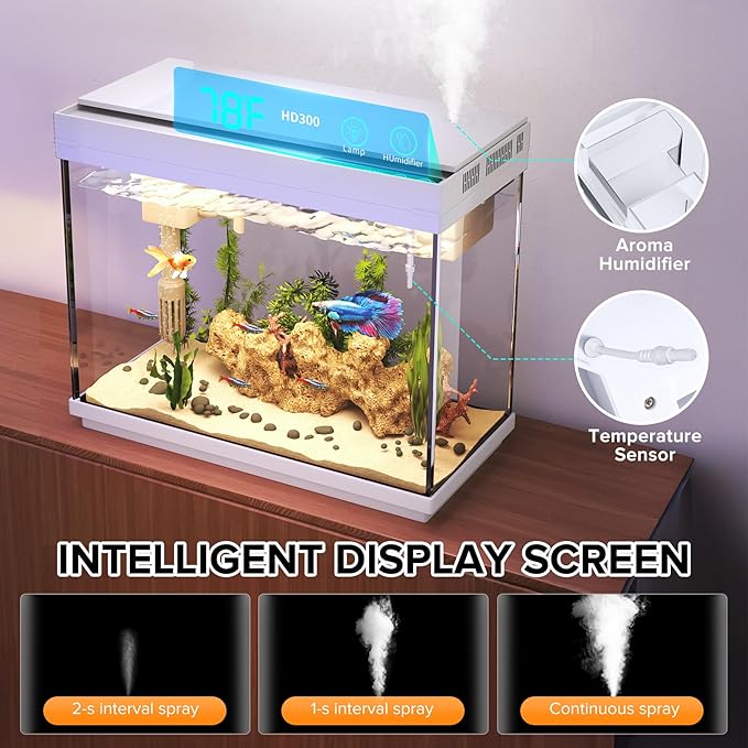 Vehipa Aquarium, 2.4 Gallon Betta Fish Tank with Heater, Humidifier 3 in 1 Pump - Filteration & Oxygenation & Circulation, Temperature Display, HD Glass, Timed 7-Color Lights