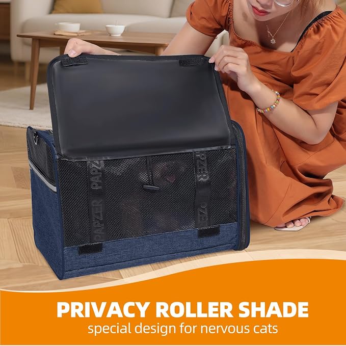Cat Carrier for Travel, Soft-Sided, Top Loading, Privacy Curtain, to 20 lbs | Medium Pet Carry Bag Nervous Cat, Vet Visits Car Transport, Luggage Sleeve Suitcase Attachable Small Puppy Crate Kennel Navy