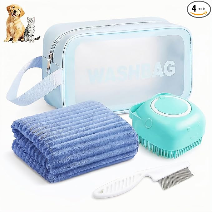 4PCS Dog Bath Kit & Dog Brush Kit for Dogs & Cats - Professional Pet Grooming Tools Set with Shedding Brush, Bath Scrubber, Dematting Comb & Storage Bag - Complete Dog Washing Essentials, Blue