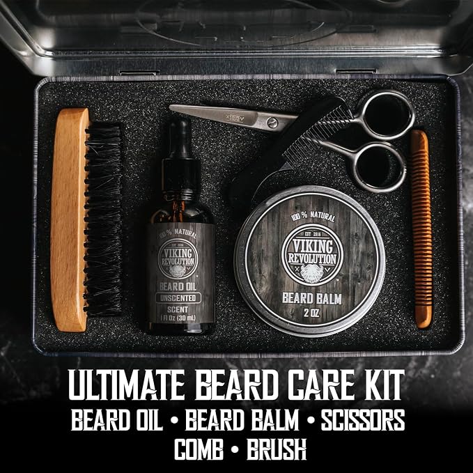 Viking Revolution Ultimate Beard Kit - Classic, 5 Pcs with Metal Box | Includes Beard Brush, Beard Comb, Beard Balm, Beard Oil, Beard & Moustache Scissors - Perfect Gift Set for All Beard Types