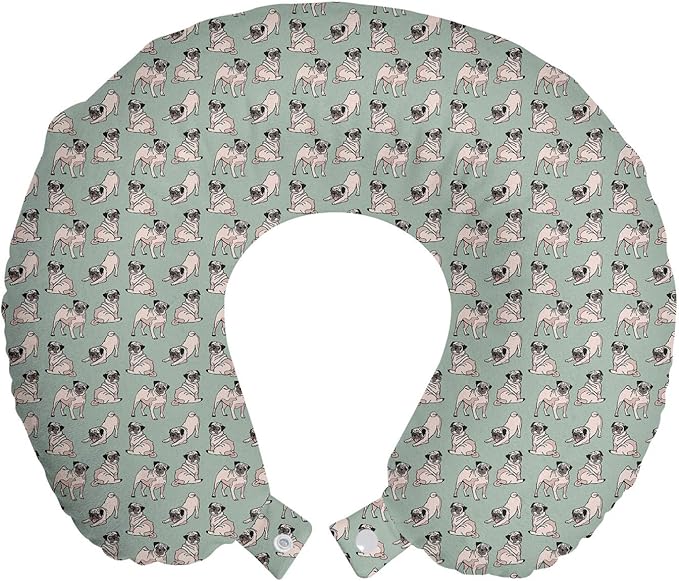 Ambesonne Pug Travel Pillow Neck Rest, Dogs Various States Sitting Standing Stretching Cartoon Style Pet Drawing, Memory Foam Traveling Accessory for Airplane and Car, 12", Turquoise