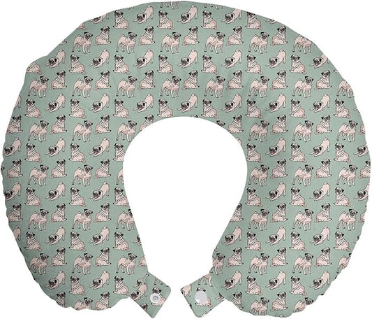 Ambesonne Pug Travel Pillow Neck Rest, Dogs Various States Sitting Standing Stretching Cartoon Style Pet Drawing, Memory Foam Traveling Accessory for Airplane and Car, 12", Turquoise