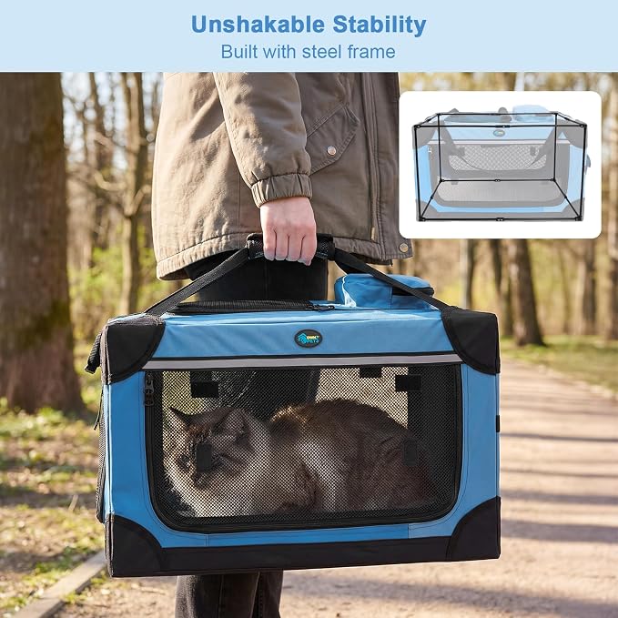 Ownpets Extra Large Cat Carrier for 2 Cats Small Dogs, 24 Inches Collapsible Soft Dog Crate for Car Travel, Portable Pet Carrier with Soft Mat, Blue | Foldable, Portable, 4-Doors, 4-Side Mesh Windows, Steel Frame Oxford Cloth, Soft Cushion Mat, Leash, ...