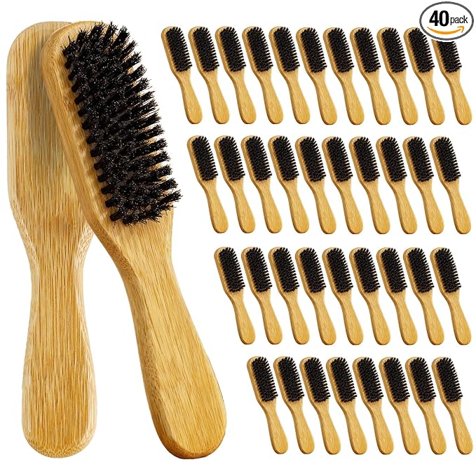 40 Pack Small Boar Bristle Hair Brush Bulk, Bamboo Handle -Slick Back Beard Brush, Hard Bristle Brush for Thick Hair, Curly, Frizz Control,Dual Use for Women & Men, Pet Grooming Cat & Dog