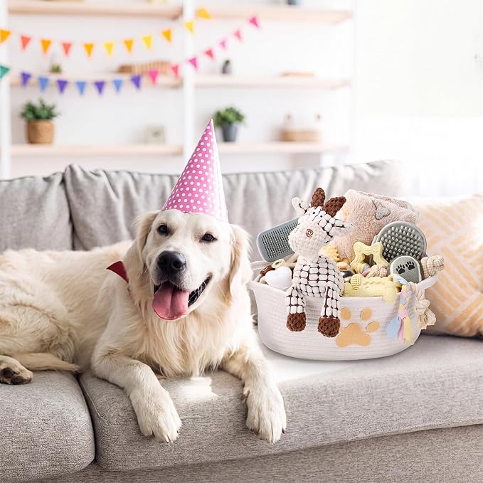 Zopeal 17 Pcs Summer Puppy Gift Set, Dog Toy & Essentials Bundle with Chew Toys, Poop Bag Dispenser, Grooming Brush, Training Bell, Blanket & Rope Basket(Beige,Sheep)