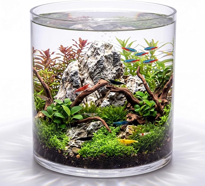 Maxdot 2.5 Gallon Cylindrical Glass Fish Tank Solid Base, 360° Full View Desktop Aquarium Starter, Easy to Maintain Small Microfauna for Betta Snails Shrimp Aquatic Planting and Small Plant Terrarium