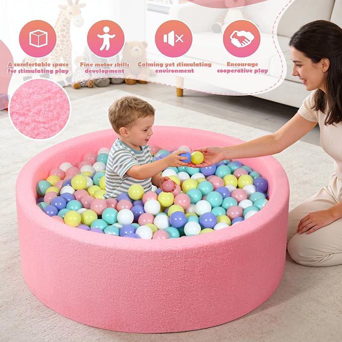Imitation Teddy Foam Ball Pits 35.4"x 11.8" Soft Round Playpen for Toddlers and Pets with Soft Memory Sponge for Babies Indoor and Outdoor Game Pink (Balls not Included)