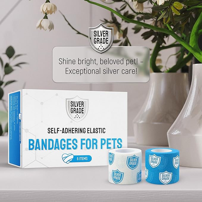SILVER GRADE Set of 6 Elastic Self-Adhesive Bandages – Cat & Dog Bandages for Wounds from Natural Rubber Latex – Breathable Dog Paw Bandage for All Breeds Care – 2-inch Rolls