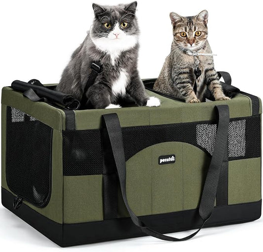 Pecute Cat Carrier, Soft Double Pet Crate for 2 Cats Travel, Green | 5mm Anti-collapse Frame, Convertible Dual Space, Foldable, Polyester Breathable mesh, Up to 26 lbs, Car Travel & Vet Visits