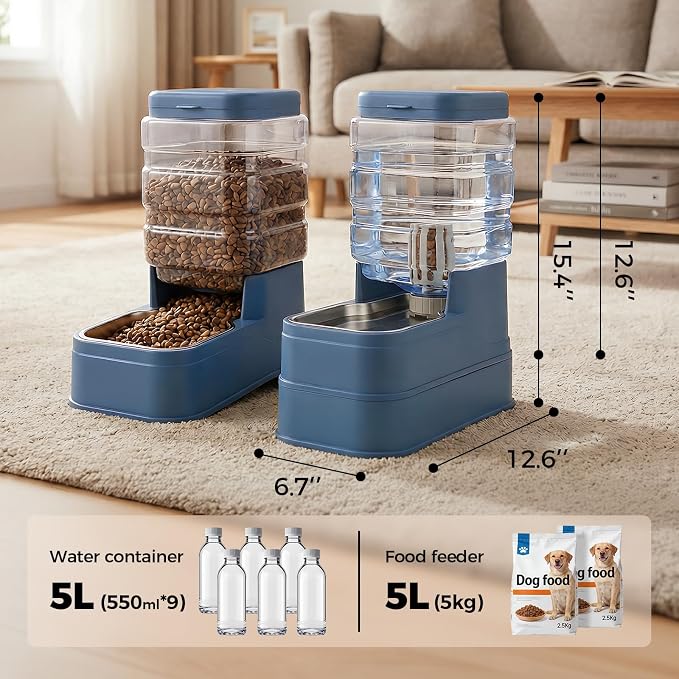 Automatic Cat Feeder and Water Dispenser with Stainless Steel Bowl with Ice Pack Gravity Food Feeder and Waterer Set Feeding Raised Bowls with Filter for Dog 1.3 Gallon x 2(Blue)