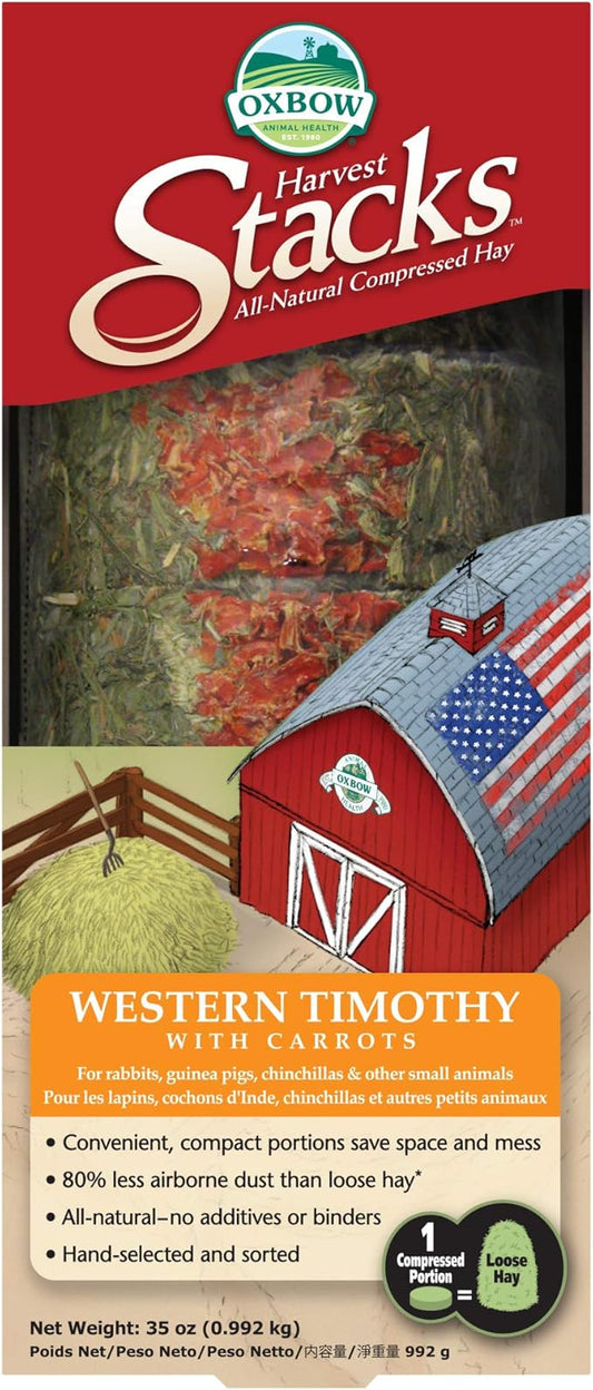 Oxbow Harvest Stacks, Timothy Hay with Carrots, Guinea Pig Hay, Bunny Supplies, Timothy for Rabbits, Guinea Pigs, Chinchillas, and Other Small Pets, Bunny Food, 35 oz.