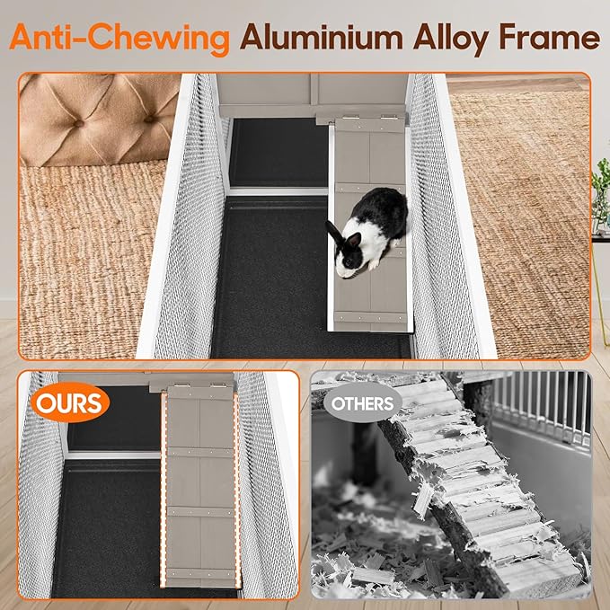 93" L Large Bunny Hutch Outdoor Indoor, with 2 Chew-Resistant Ramp, 4 Leak-Proof Removale Trays, 2-Story Wooden Waterproof Roof Bunny House Outdoor