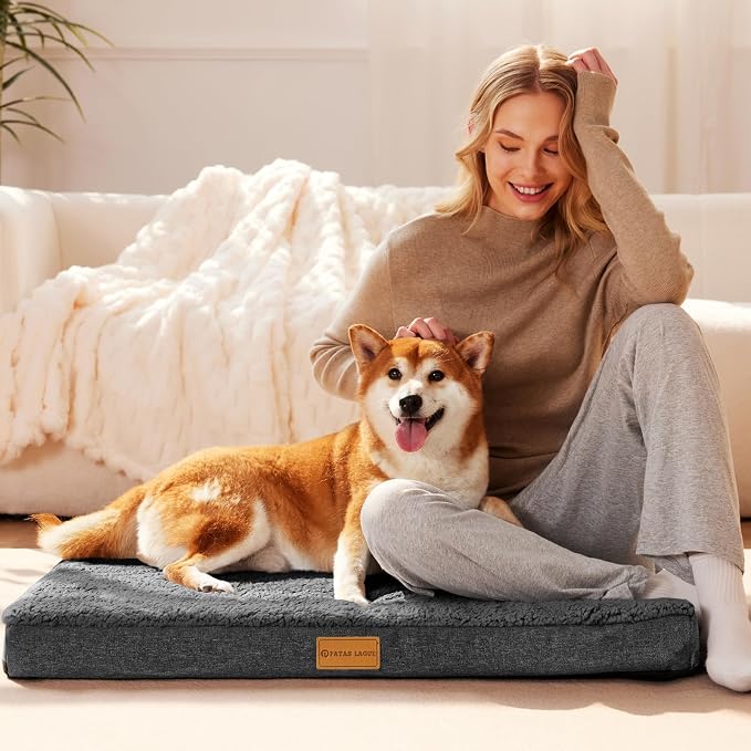 Patas Lague Orthopedic Large Dog Bed Pet Sofa Mat 36''X24'' Dark Grey | Egg-Crate Foam Dog Couch For Large Sized Dogs, Waterproof Removable Washable Cover, Soft Pet Crate Bed With Nonskid Bottom