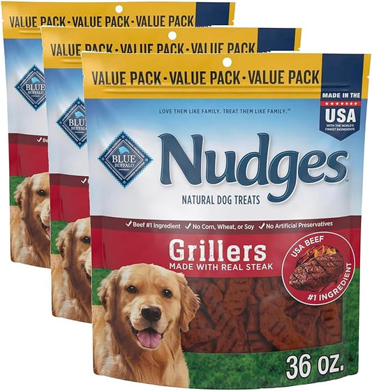 Blue Buffalo Nudges Grillers Natural Dog Treats with Real USA Beef, Made in the USA, Steak, 36-oz Bag (Pack of 3)