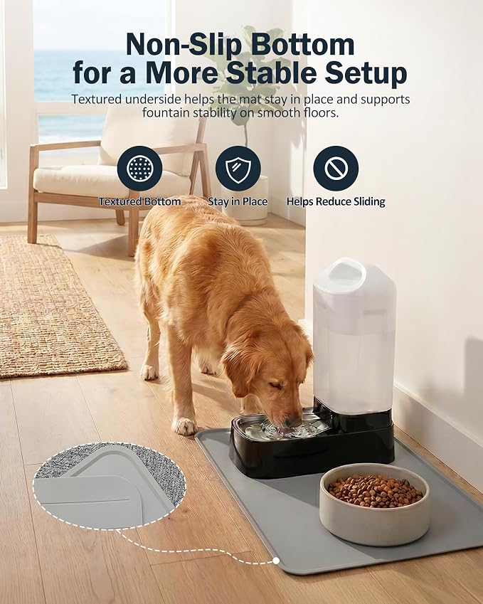 Dog Water Fountain Splash Mat, Waterproof Silicone Pet Feeding Mat, Non-Slip Floor Protector for Dog Water Bowl Dispenser & Cat Fountain, Raised Edge, Easy to Clean