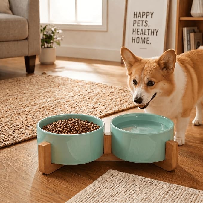 SPUNKYJUNKY Ceramic Dog and Cat Bowl Set with Wooden Stand, Modern Cute Weighted Food Water Set for Small Size Dogs (13.5OZ) & Medium Sized Dogs (28.7OZ) & Cats (3.6 Cups, 2 × Morandi Green)