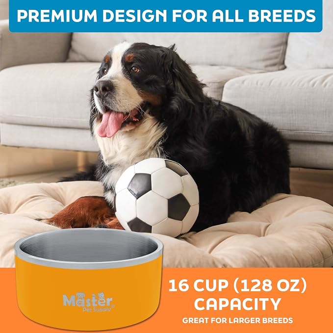 Master Pet Supply Stainless Steel Dog Bowls - 128 oz, Heavy Duty - Mango Tango, Double Wall Extra-Thick Insulated, Non-Slip Pet Water Bowl for Dogs, Cats & Pets, Anti Rust Metal, Dish Washer Safe