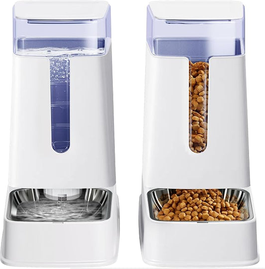Cat Food Dispenser and Cat Water Dispenser Set with Stainless Steel Bowls Gravity Dog Feeder for Small Medium Big Cat Dog Pet Puppy Kitten, 1 Gallon x 2