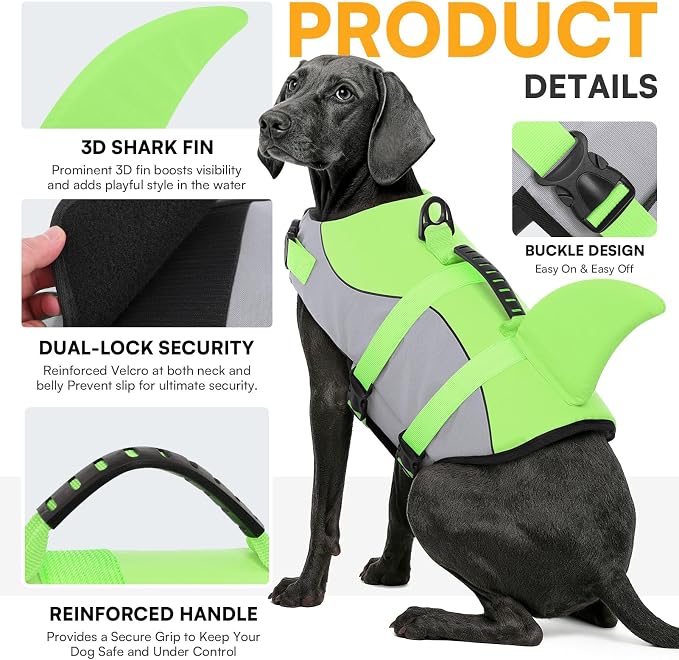 Dog Life Jacket Ripstop Shark Dog Safety Vest Adjustable Preserver with High Buoyancy and Durable Rescue Handle for Small,Medium,Large Dogs, Green Shark Small
