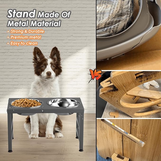ADENGL Metal Raised Dog Bowl, 10" Height Tall Elevate Dog Feeder Stand with 2 Stainless Steel 42oz Bowls & 16x24 Non-Slip Mat – Stronger Dogs Food & Water Bowl Stand (Grey)