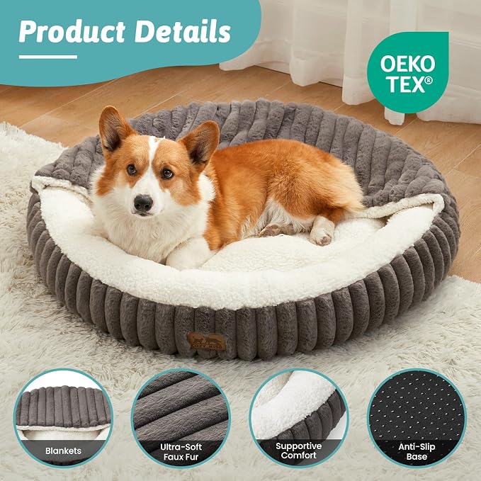 Dog Bed with Hooded Blanket, Round Fluffy Anti-Anxiety Pet Bed for Small Dogs & Medium Dogs, Cozy Donut Cuddler with Machine Washable Faux Fur & Anti-Slip Bottom(26"×26"×7",Grey)