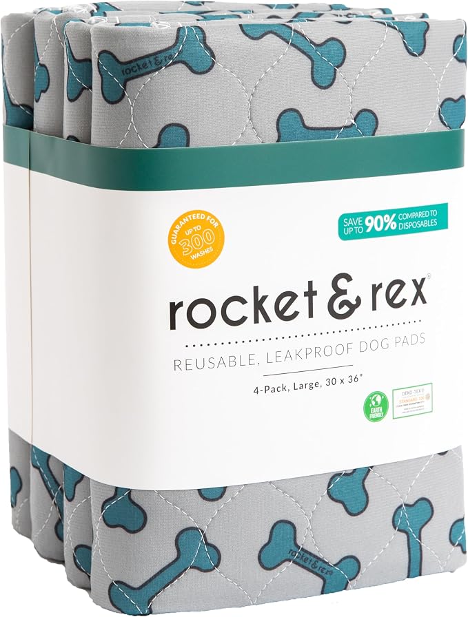 rocket & rex Washable Dog Pee Pads, Leak-Proof (Large, 30x36, 4pk) | For potty training, whelping, crate lining & more. Waterproof, Absorbent, OEKO-TEX certified, chemical-free.