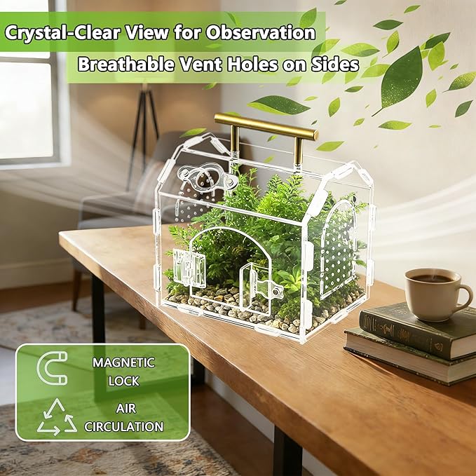 5.9" x 4.7" x 5.5" Acrylic Jumping Spider & Tarantula Enclosure – Transparent Insect Terrarium with Handle & Magnetic Door for Reptiles, Amphibians & Spiders