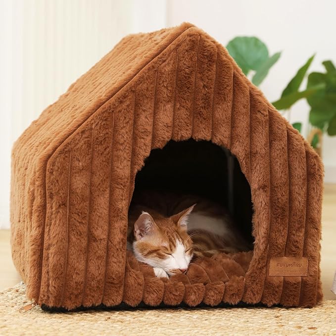 FUKUMARU Cat Bed Cave, Enclosed Washable Covered Dog Bed with Support Frame | Large Cat House for Indoor Cats, Cozy Cat Hideaway for Anxious Cats, Soft Plush Faux Fur Cat Tent Bed, Non-Slip Bottom, Brown