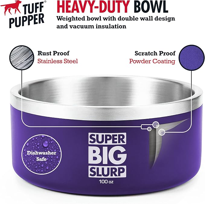 Tuff Pupper 100 oz Heavy Duty Insulated Stainless Steel Dog Bowl for Large Dogs, Non-Slip Base, Dishwasher Safe