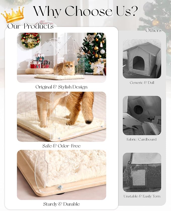 Acrylic Cat House for Indoor Cats, Transparent Cat Bed Cave with Plush Cushion & Hanging Toys, Modern Ventilated Cat Condo with Sturdy Wooden Base for Adult Cats & Kittens up to 15 lbs, White