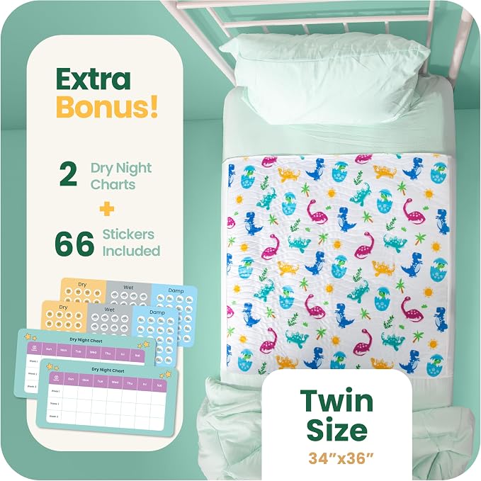 IMPROVIA® Pee Pads for Kids - Bed wetting Pads for Kids Potty Training Bed mats for Toddlers Waterproof Reuseable Washable Absorbent, Non Slip - Dino Design - Twin Size 34”x36 (2 Pack)