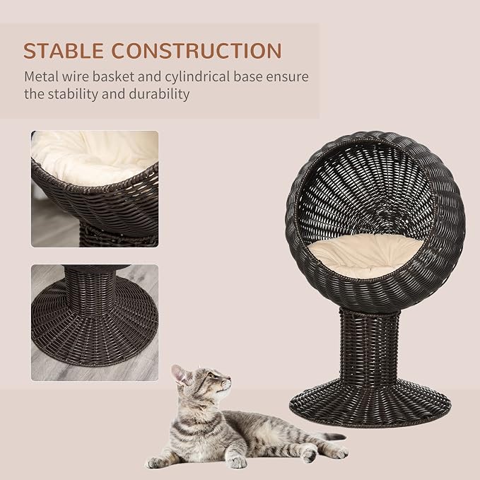 PawHut Elevated Cat Bed with Rotatable Egg Chair Pod, Cat Basket Bed with Thick Cushion, Natural Mat Grass Woven Kitty House, Coffee | Cat Basket Bed, Natural Mat Grass Woven Kitty House