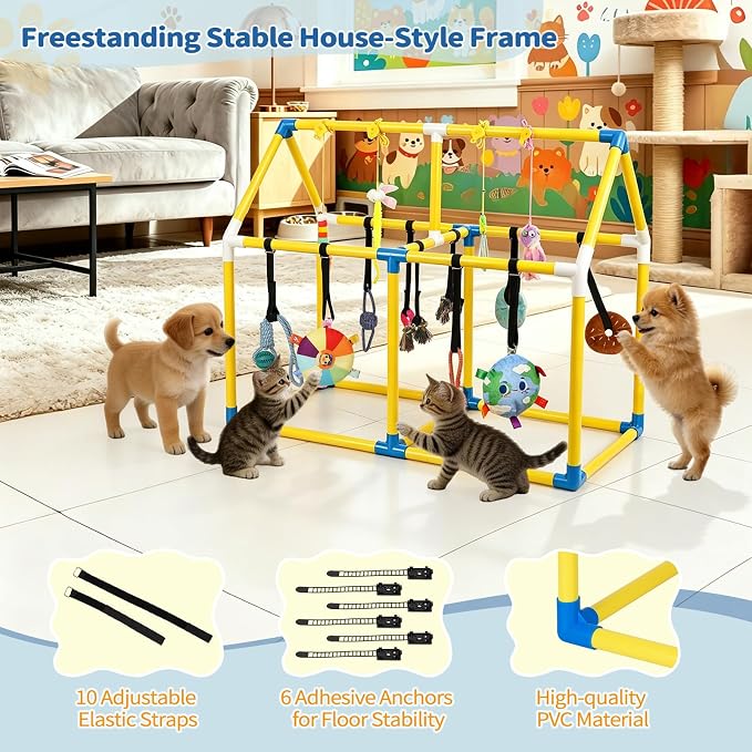 Liitrton Puppy Play Gym for Small Dogs & Kittens, Large PVC Yellow Frame | Indoor Puppy Jungle Gym with 14 Hanging Enrichment Toys, Reduce Puppy & Cats Boredom