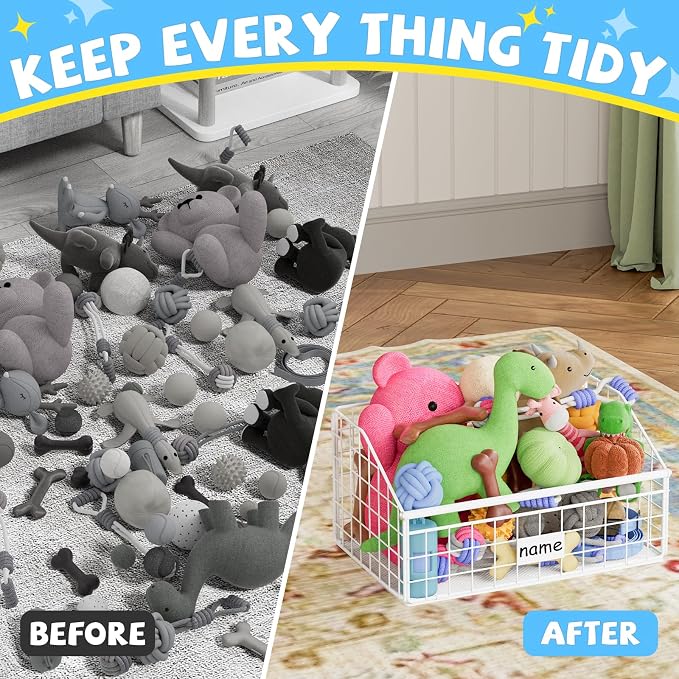 Kaiferty Indestructible Dog Toy basket, Small Toy Box for Dogs, Pet Toy Bin Dog Metal Basket for Toys, Dog Toy Storage, Dog Storage Organizer, Cat Dog Toy Box for Living Room Area (White)