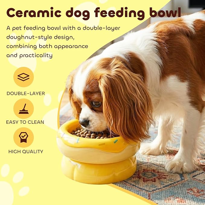 Donut Duo Ceramic Dog Bowl, Dog Water Bowl and Dog Food Bowl, Pet Bowls (Yellow)