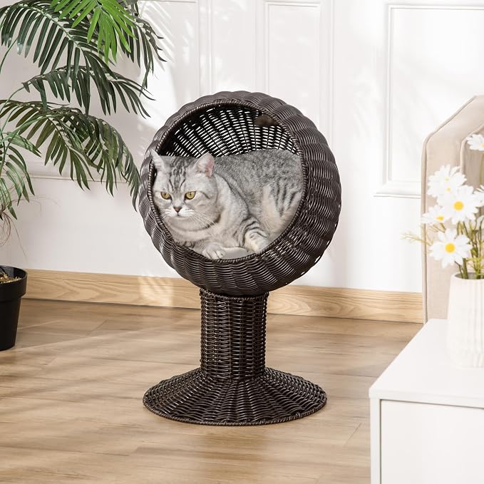 PawHut Elevated Cat Bed with Rotatable Egg Chair Pod, Cat Basket Bed with Thick Cushion, Natural Mat Grass Woven Kitty House, Coffee | Cat Basket Bed, Natural Mat Grass Woven Kitty House