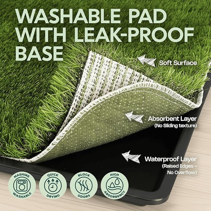 Dog Grass Pad with Tray 23”x35” – Artificial Pet Grass Patch for Dogs’ Potty with 2 Pcs of Washable Pee Pads & Puppy Potty Tray – Dog Litter Box Indoor & Outdoor for Puppy Training