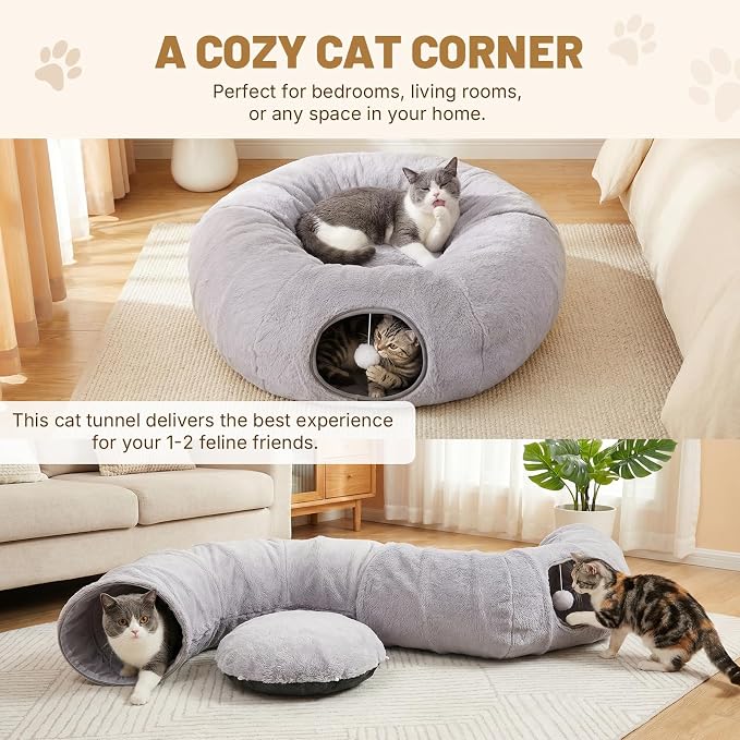 Cat Tunnel Bed for Indoor Cats, 31.5in Round Cat Tunnel for Small Cats | Cat Donut Tunnel with Washable Plush Mat, Collapsible Tunnel Hideplace for Kittens, Squirrels Grey