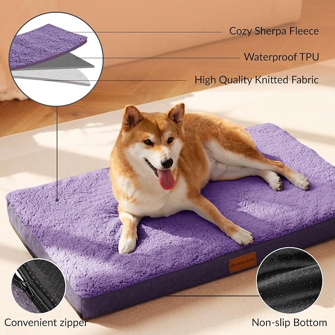 Patas Lague Orthopedic Large Dog Bed Washable Pet Sofa Mat 42''X28''Purple | Egg-Crate Foam Dog Couch For Large Sized Dogs, Waterproof Removable Cover, Soft Pet Crate Bed With Nonskid Bottom