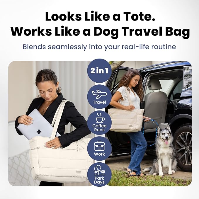 Puffer Dog Travel Bag for Dog Moms, Diaper Bag with Travel Bowls | 2 BPA-Free Collapsible Bowls, 2 Pet Food Containers, 9 Pockets, Everyday Puffer Bag Works With or Without Your Dog, Beige