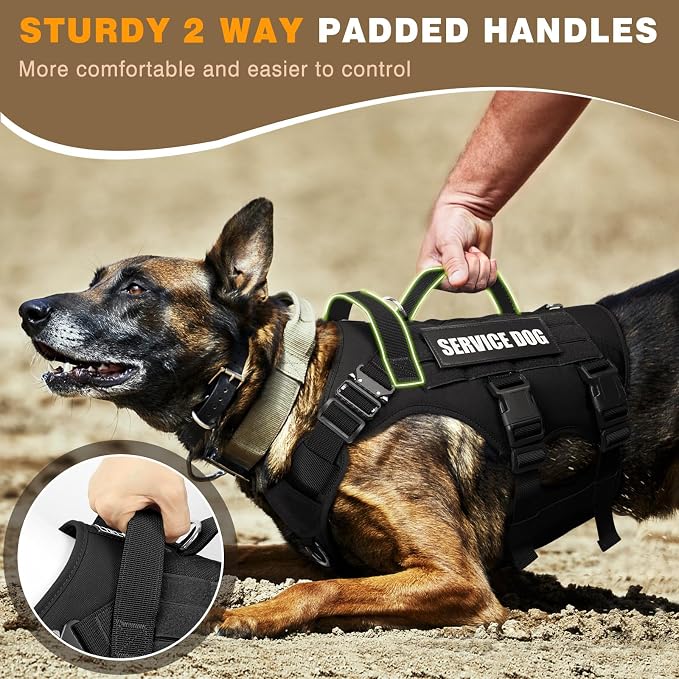 Tactical Dog Harness with Dog Leash, Service Working MOLLE Vest with 10 Pet Patches for Large Dog, No Pull Military Harness and Backpack for Training Hunting Walking