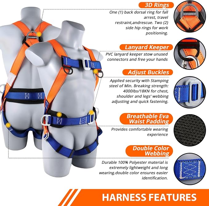 TT TRSMIMA Safety Harness Fall Protection Kit: Full Body Roofing harnesses | Men Construction Harness Kit with Shock Absorbing Lanyard - Updated Paded for Roof Work