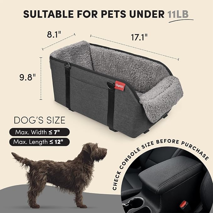 Center Console Dog Car Seat for Small Pets to 11lbs, Grey | Anti-collapse armrest Console seat with washable fluffy cushion, pillow & tether for stable, cozy pet travel trips.